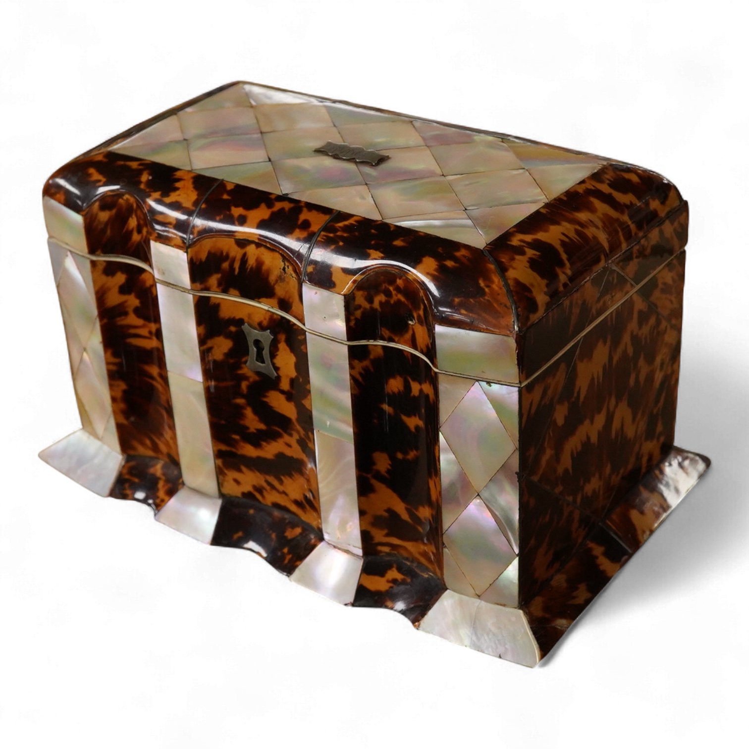 A mid 19th century decorative tortoiseshell and mother of pearl tea caddy, 20cm wide x 12.5cm high CITES Submission reference CXXC25Q1